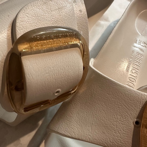 Birkenstock White Sandals with Gold Buckle - Picture 9 of 11